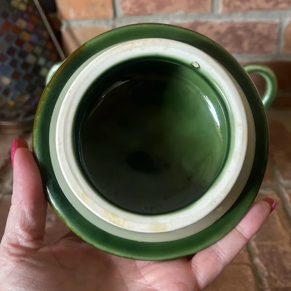 Vtg Baum Brothers Style Eyes Green Double Handle Canister 9.5